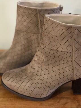 Perforated Taupe Suede Ankle Booties with Block Heel